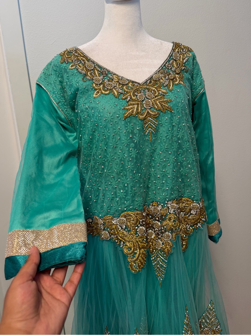 Teal Maxi Salwar Kameez Dress with Gold Embroidery